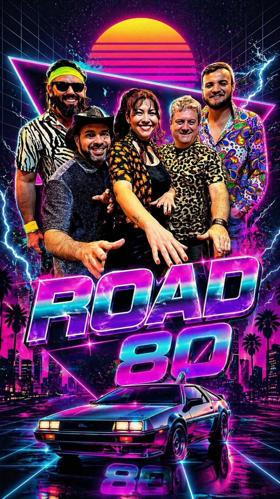 Road80 em arte synthwave com carro clássico dos anos 80